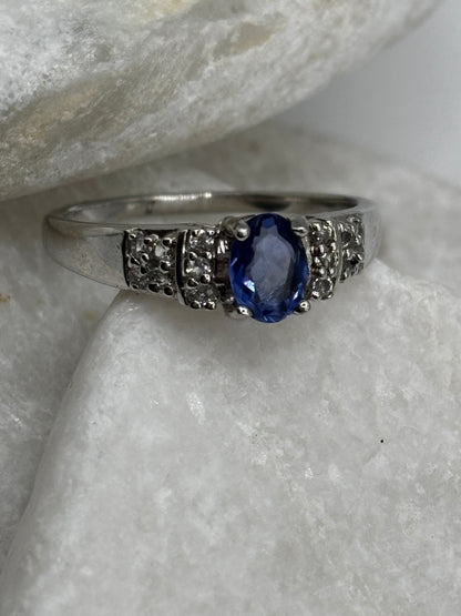 925 Sterling Silver Fluorite and White Zircon Band Ring - UK Size V