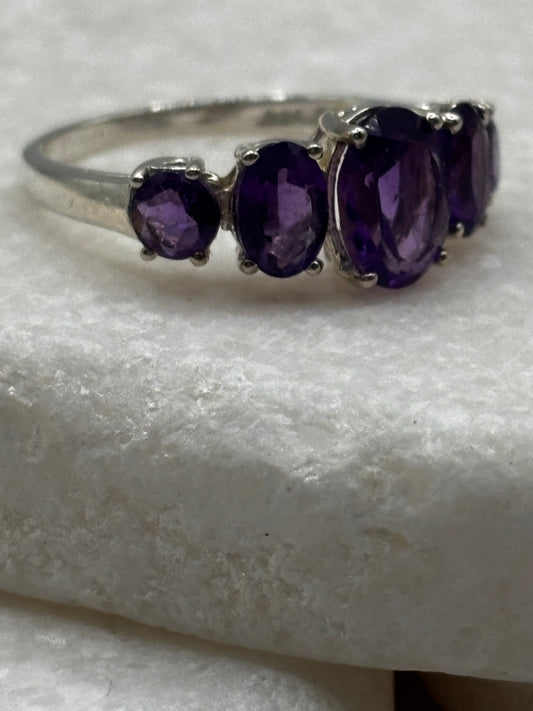 925 Sterling Silver Amethyst Half Eternity Band - UK Size N