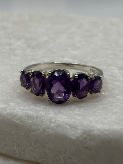 925 Sterling Silver Amethyst Half Eternity Band - UK Size N