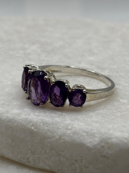 925 Sterling Silver Amethyst Half Eternity Band - UK Size N