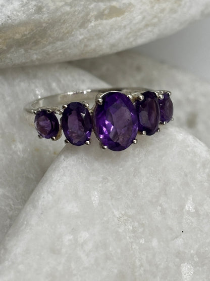 925 Sterling Silver Amethyst Half Eternity Band - UK Size N