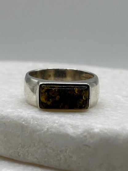 925 Sterling Silver Green Amber Band Ring - UK Size N