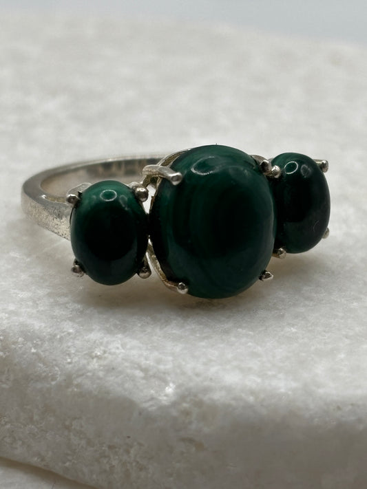 925 Sterling Silver Malachite Trilogy Ring - UK Size N