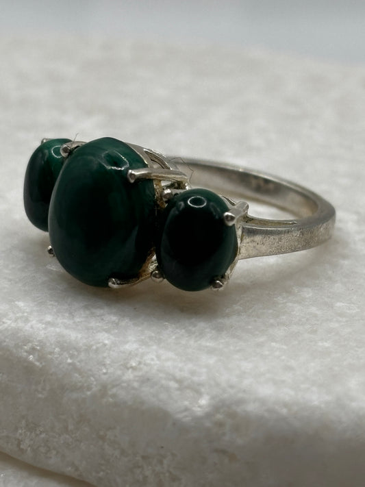 925 Sterling Silver Malachite Trilogy Ring - UK Size N
