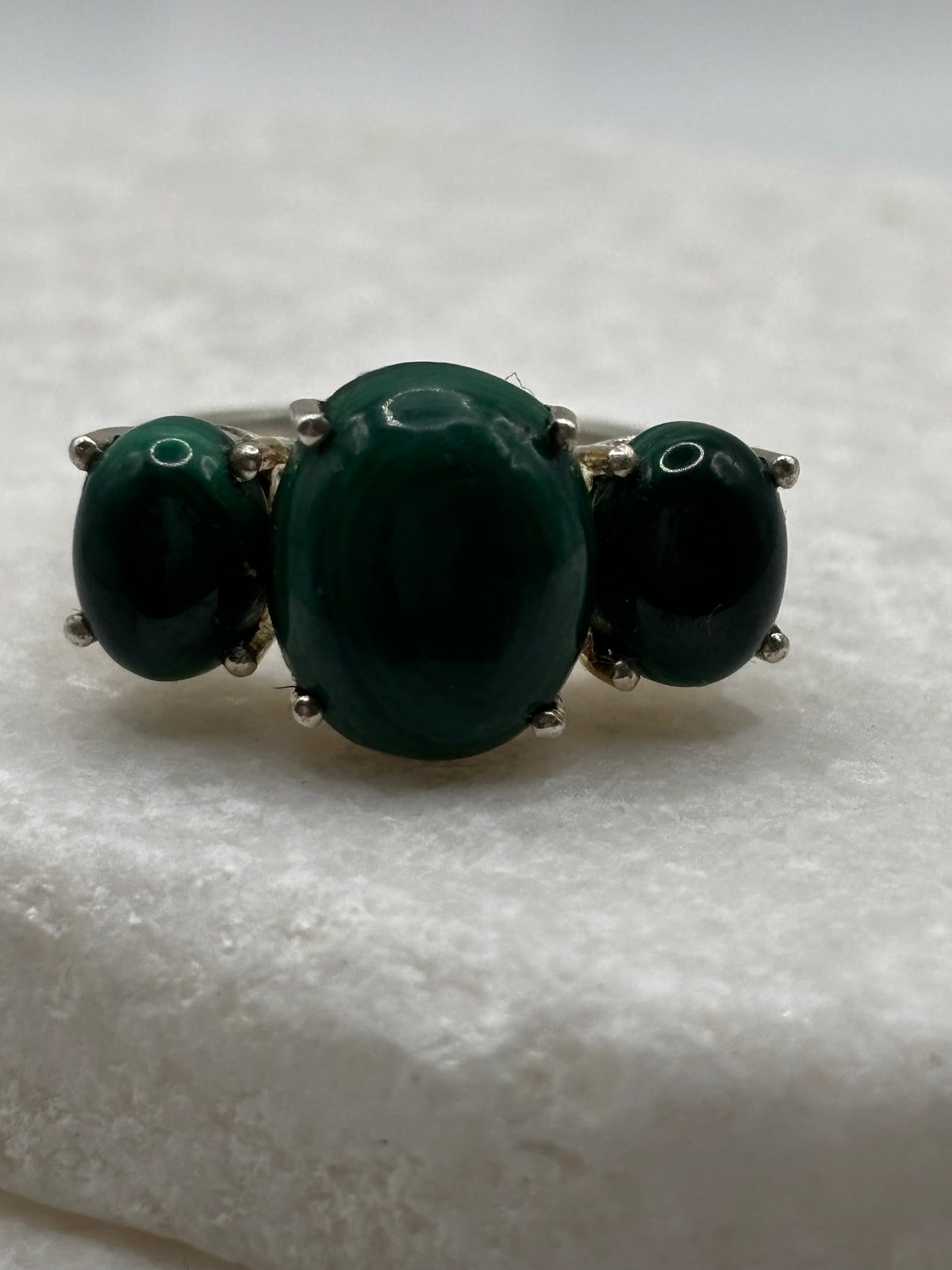 925 Sterling Silver Malachite Trilogy Ring - UK Size N