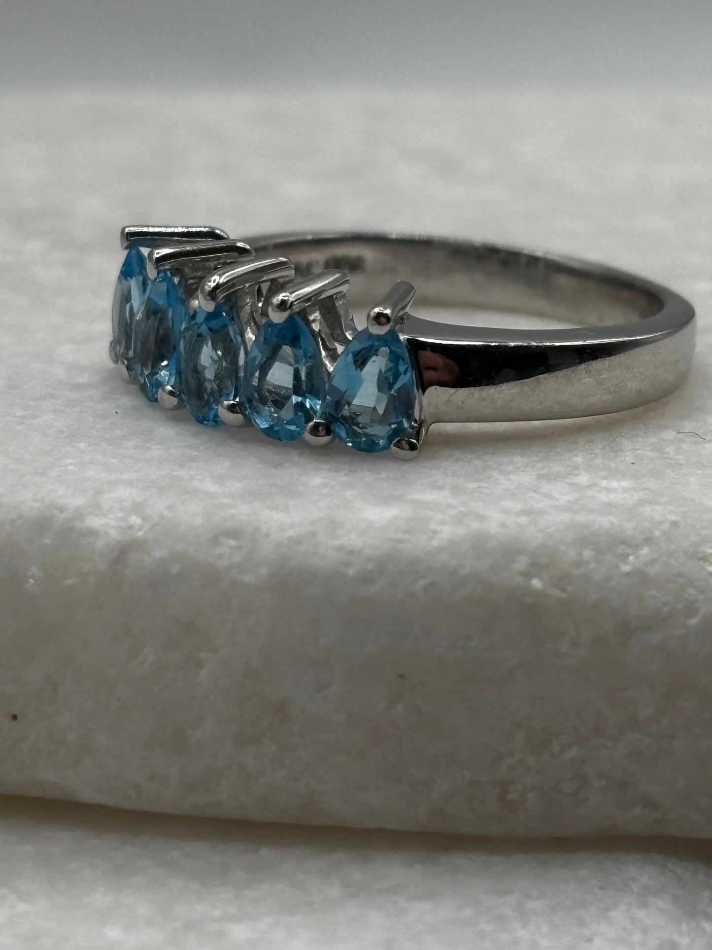 925 Sterling Silver Blue Topaz Five Piece Half Eternity Band Ring - Size O
