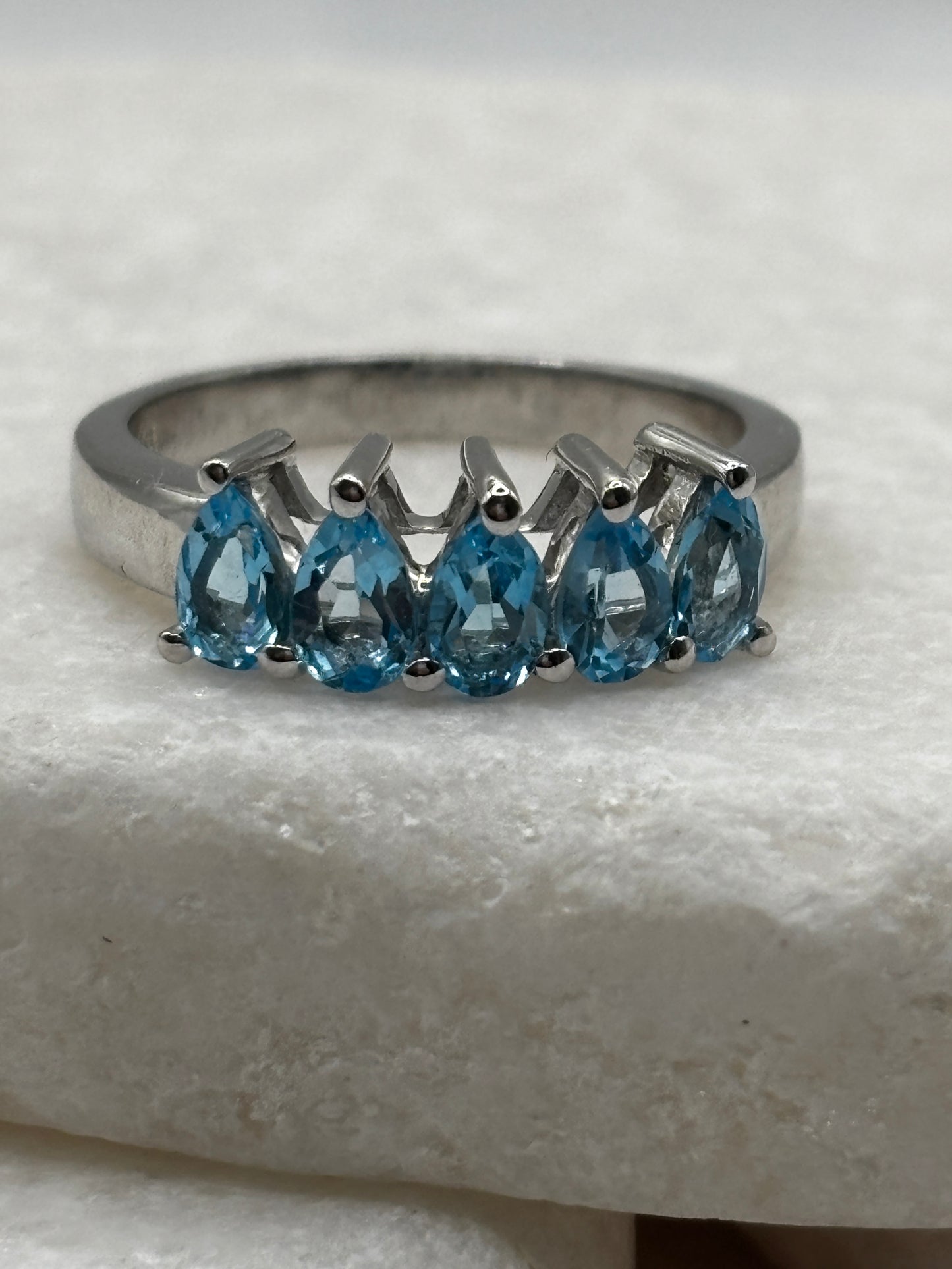 925 Sterling Silver Blue Topaz Five Piece Half Eternity Band Ring - Size O