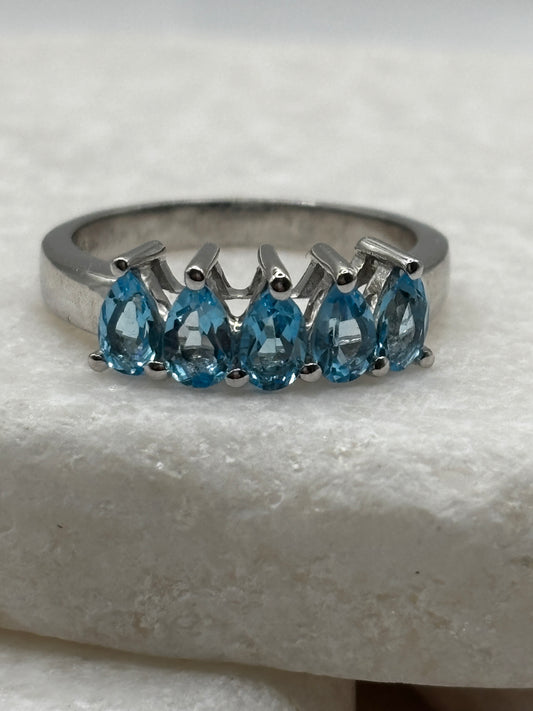 925 Sterling Silver Blue Topaz Five Piece Half Eternity Band Ring - Size O