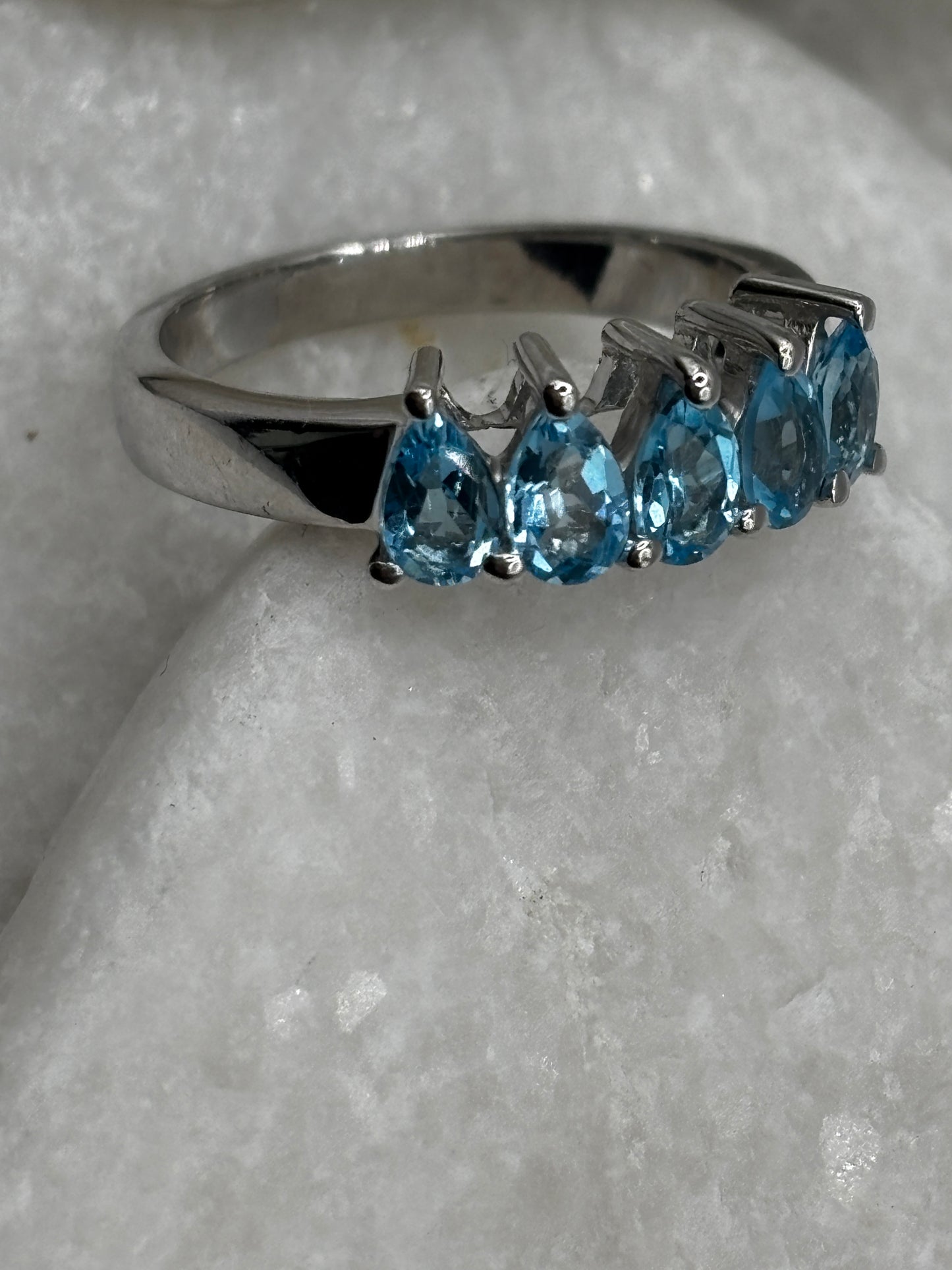 925 Sterling Silver Blue Topaz Five Piece Half Eternity Band Ring - Size O