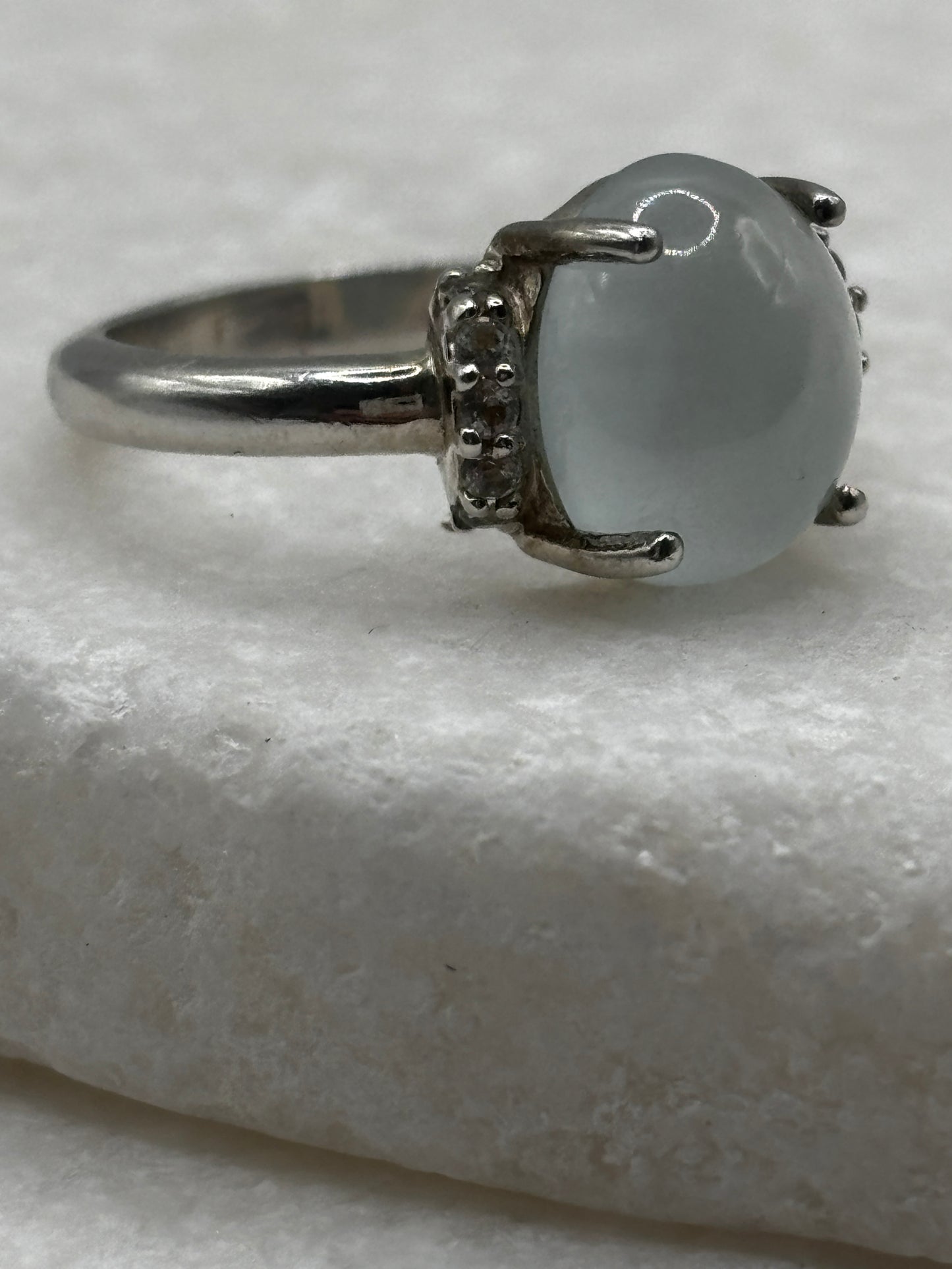 925 Sterling Silver Blue Chalcedony and White Topaz Cabochon Ring - Size O
