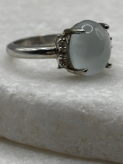 925 Sterling Silver Blue Chalcedony and White Topaz Cabochon Ring - Size O