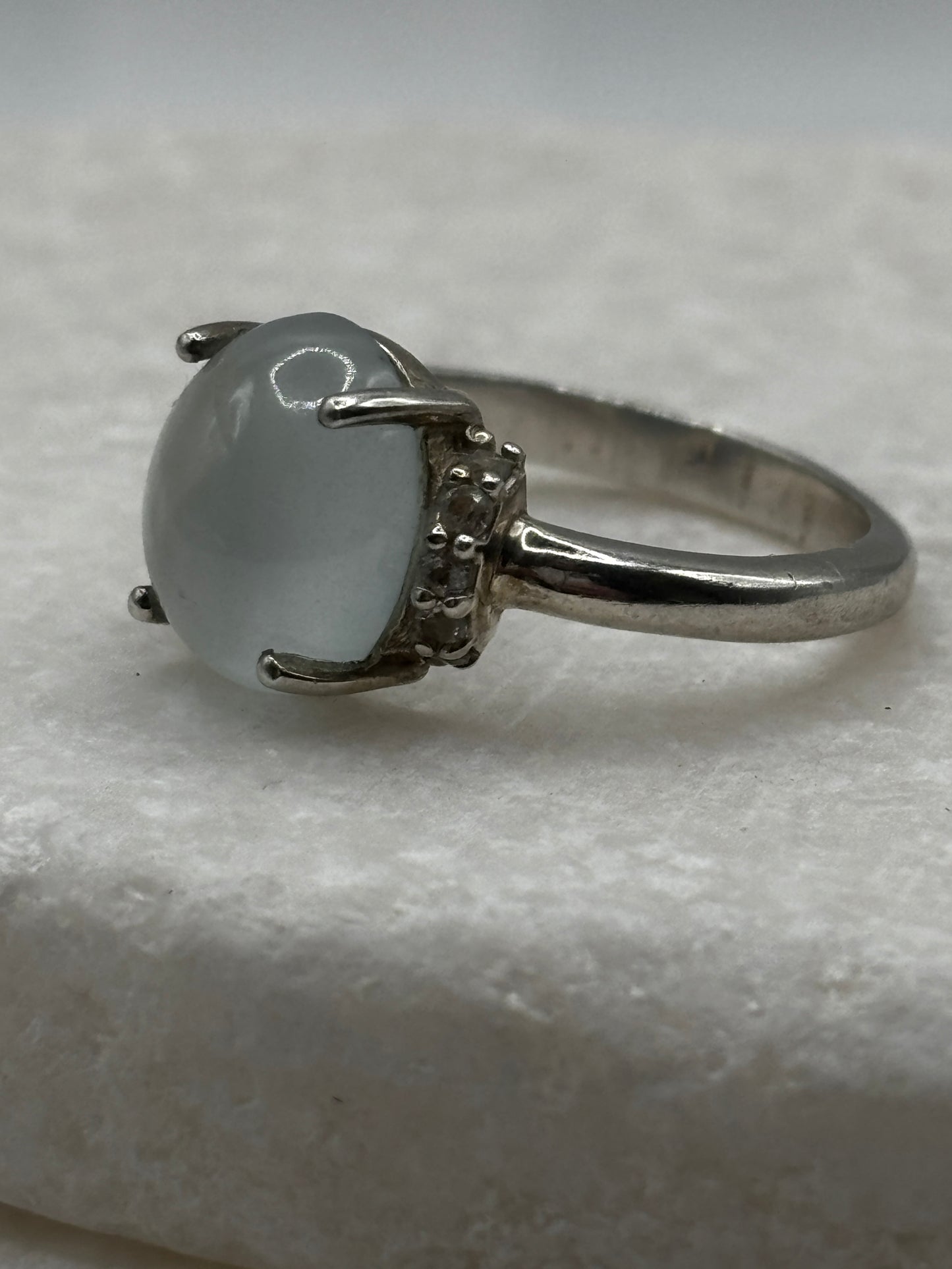 925 Sterling Silver Blue Chalcedony and White Topaz Cabochon Ring - Size O