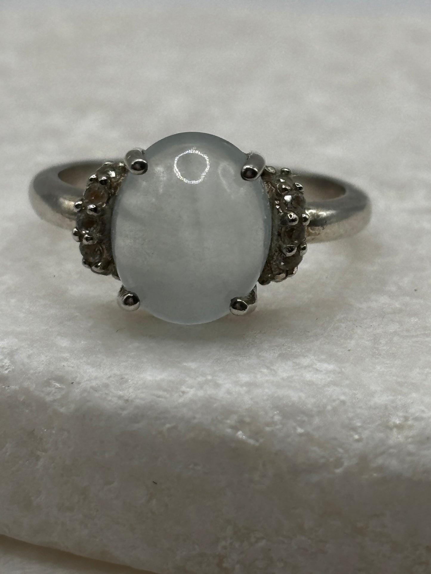 925 Sterling Silver Blue Chalcedony and White Topaz Cabochon Ring - Size O