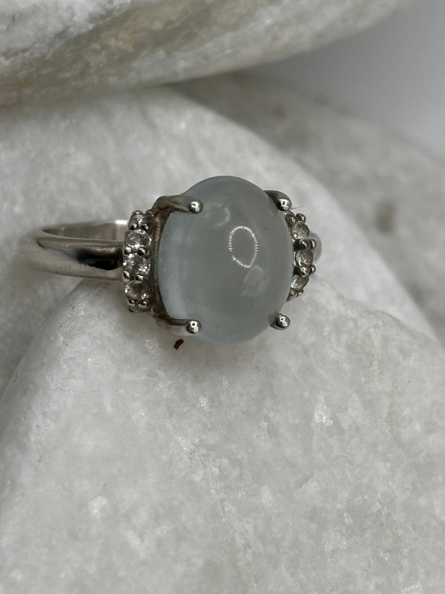 925 Sterling Silver Blue Chalcedony and White Topaz Cabochon Ring - Size O