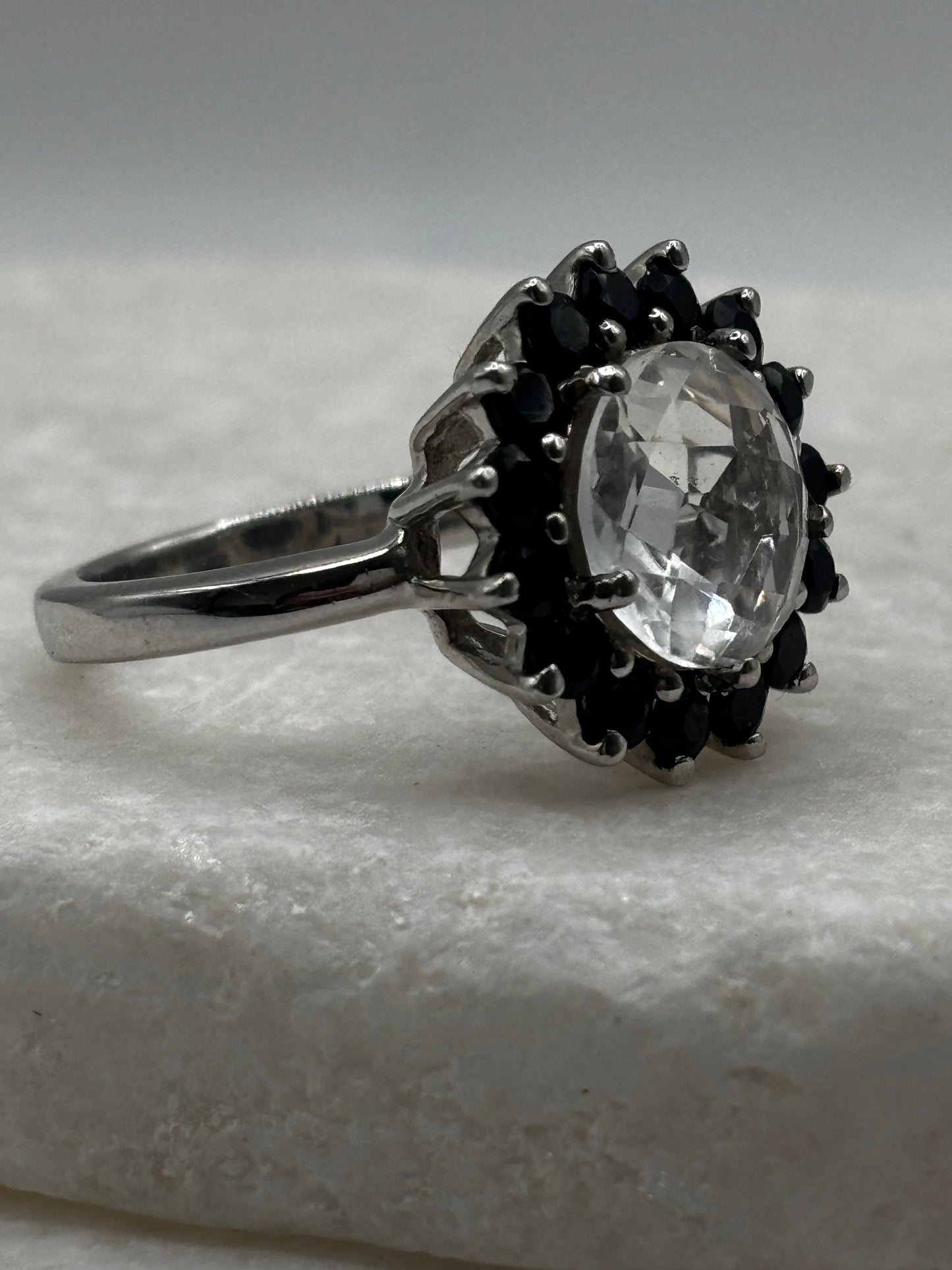 925 Sterling Silver Halo Quartz and Black Spinel Floral Style Ring - Size O