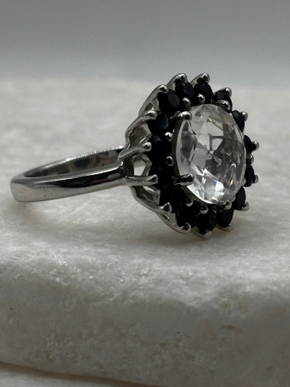 925 Sterling Silver Halo Quartz and Black Spinel Floral Style Ring - Size O
