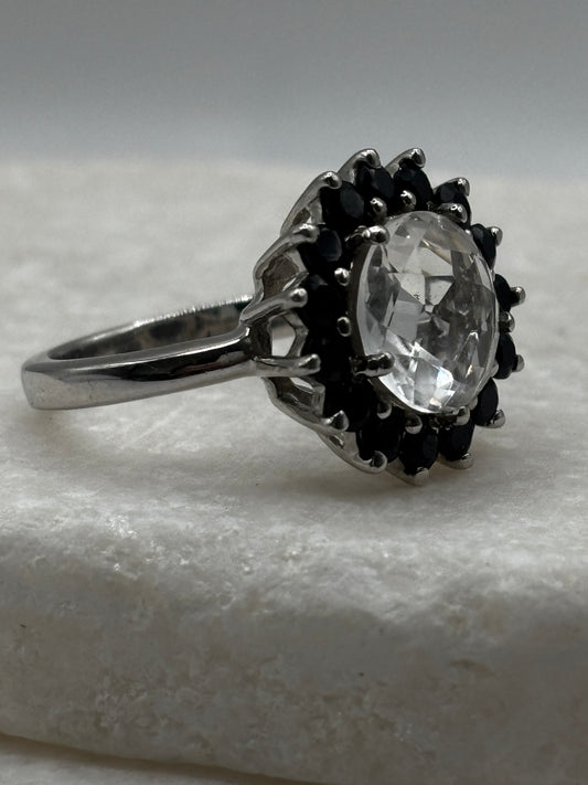 925 Sterling Silver Halo Quartz and Black Spinel Floral Style Ring - Size O