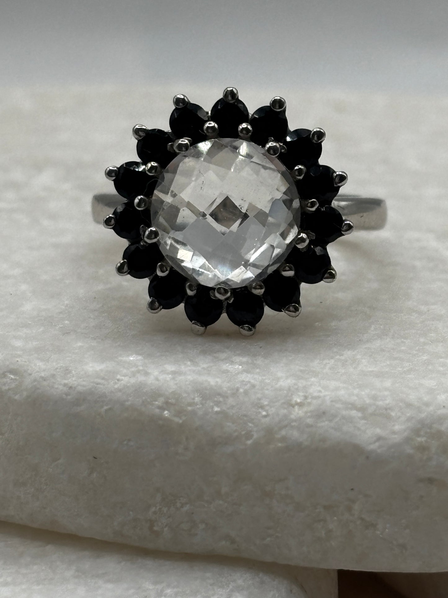 925 Sterling Silver Halo Quartz and Black Spinel Floral Style Ring - Size O
