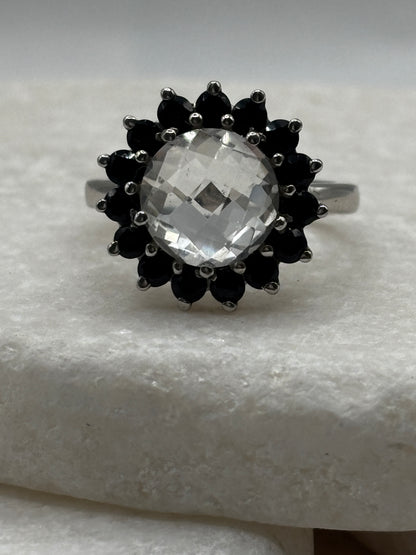 925 Sterling Silver Halo Quartz and Black Spinel Floral Style Ring - Size O