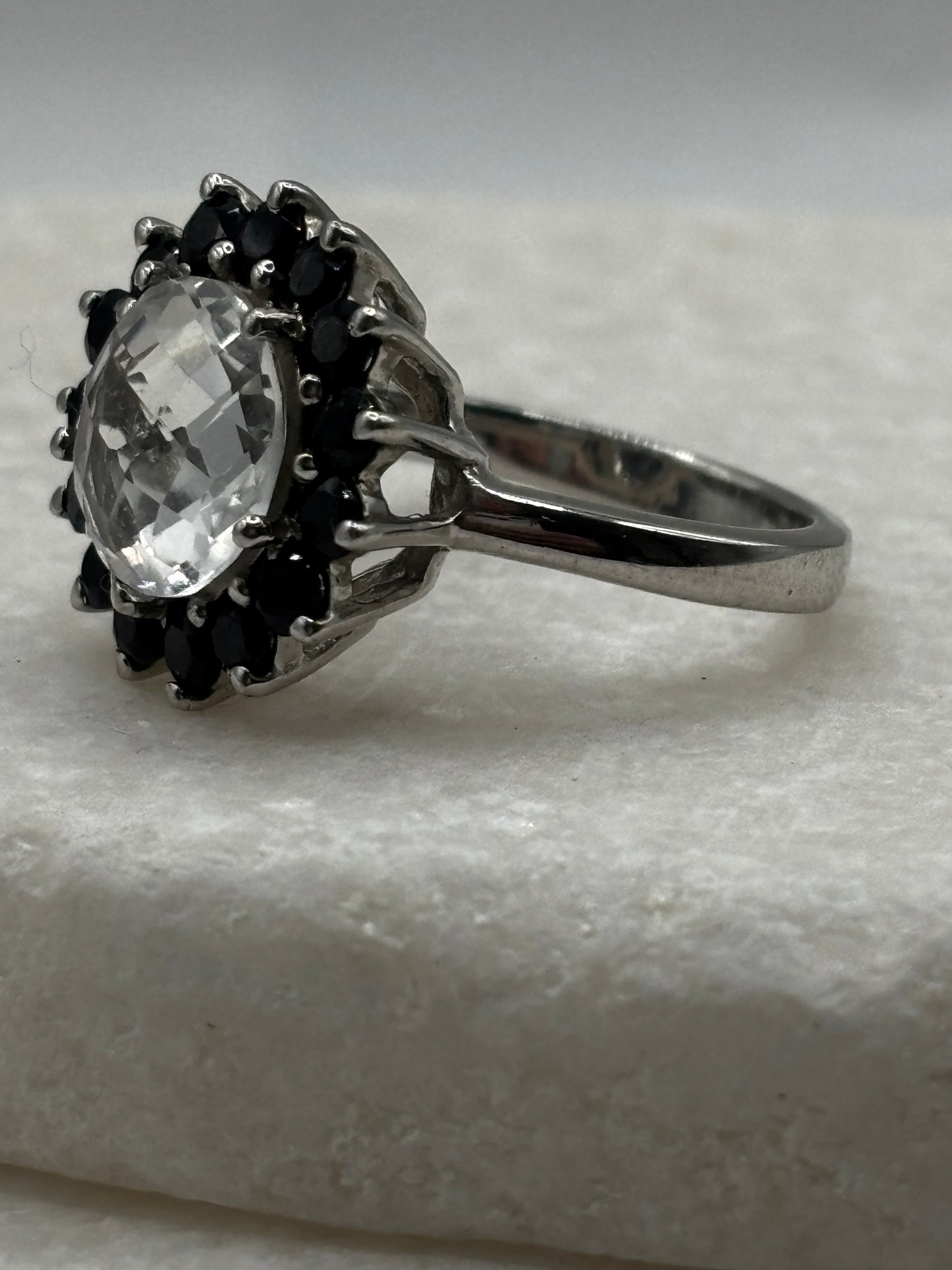 925 Sterling Silver Halo Quartz and Black Spinel Floral Style Ring - Size O