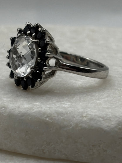 925 Sterling Silver Halo Quartz and Black Spinel Floral Style Ring - Size O