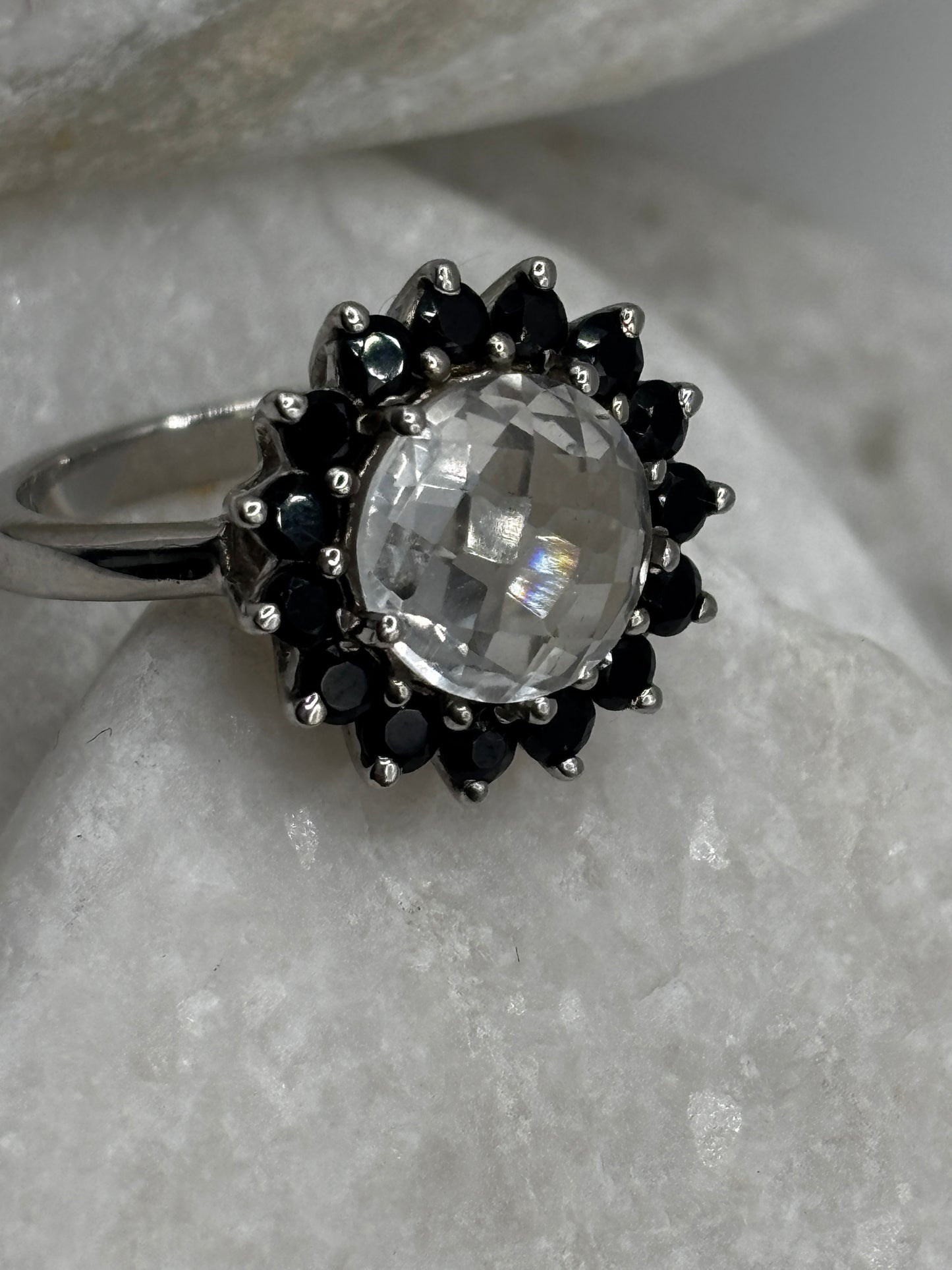 925 Sterling Silver Halo Quartz and Black Spinel Floral Style Ring - Size O