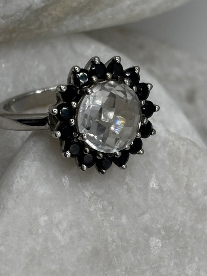 925 Sterling Silver Halo Quartz and Black Spinel Floral Style Ring - Size O