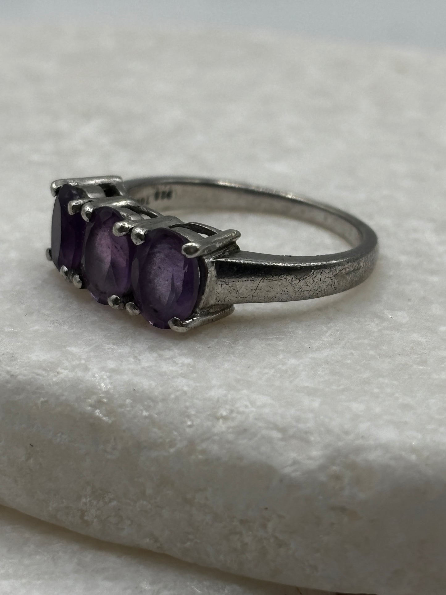 925 Sterling Silver Natural Amethyst Trilogy Ring - Size O