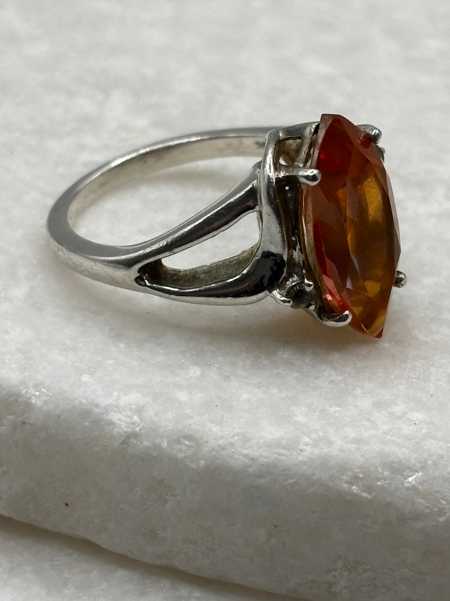 925 Sterling Silver Marquise Cut and White Topaz Padparadscha Ring - Size O