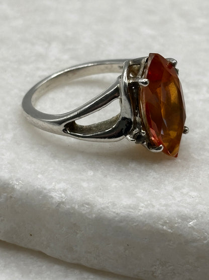 925 Sterling Silver Marquise Cut and White Topaz Padparadscha Ring - Size O