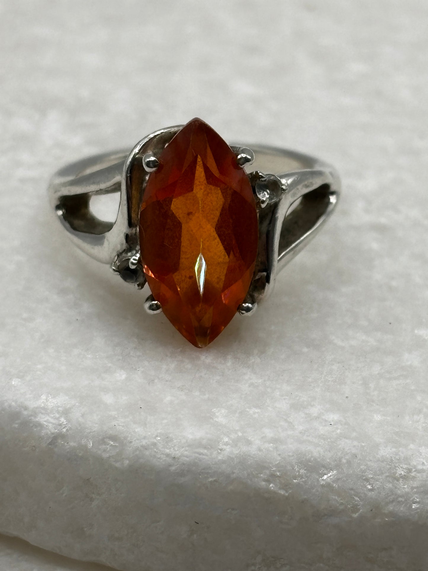 925 Sterling Silver Marquise Cut and White Topaz Padparadscha Ring - Size O