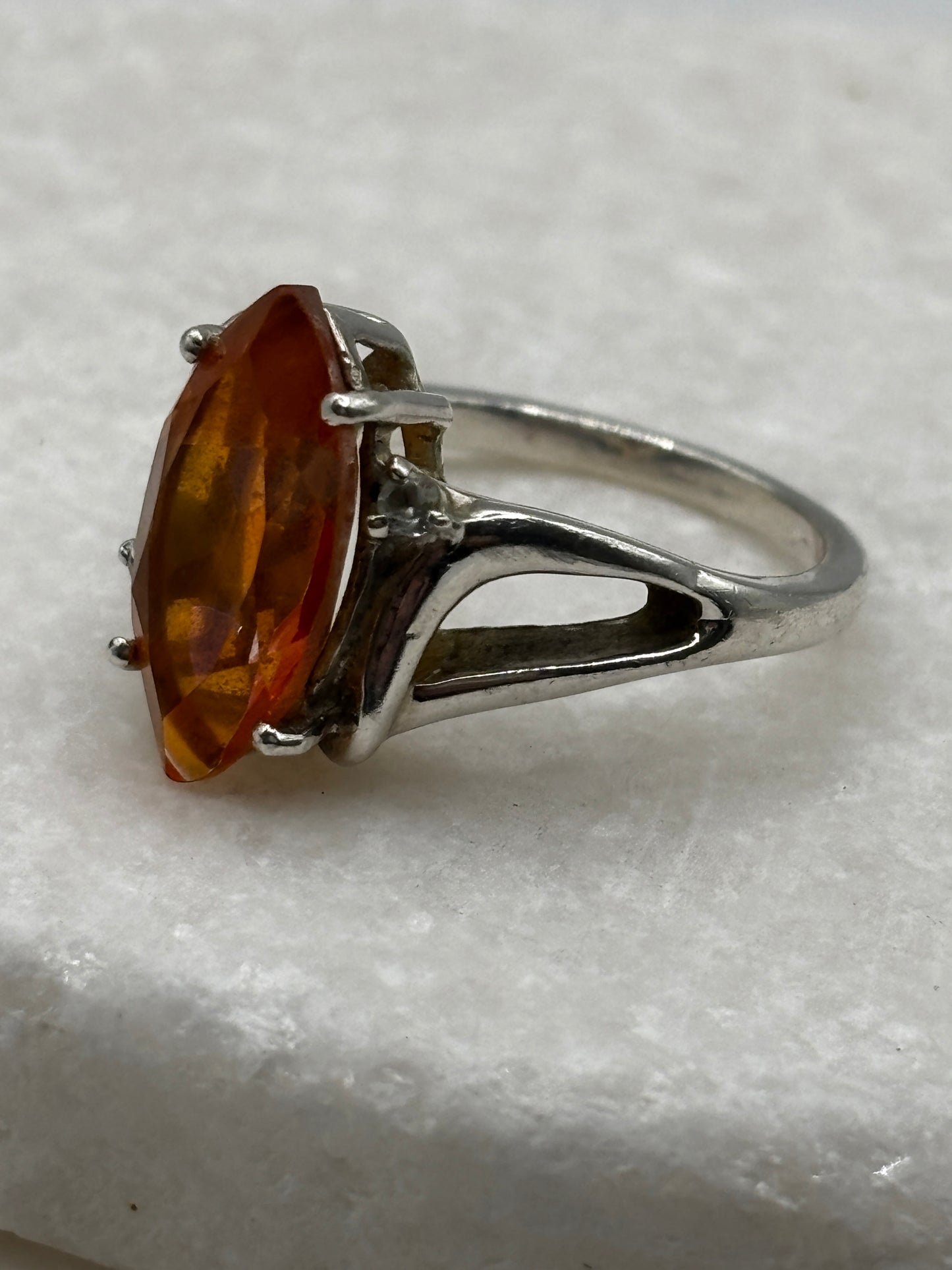 925 Sterling Silver Marquise Cut and White Topaz Padparadscha Ring - Size O