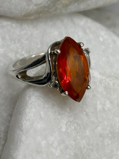 925 Sterling Silver Marquise Cut and White Topaz Padparadscha Ring - Size O