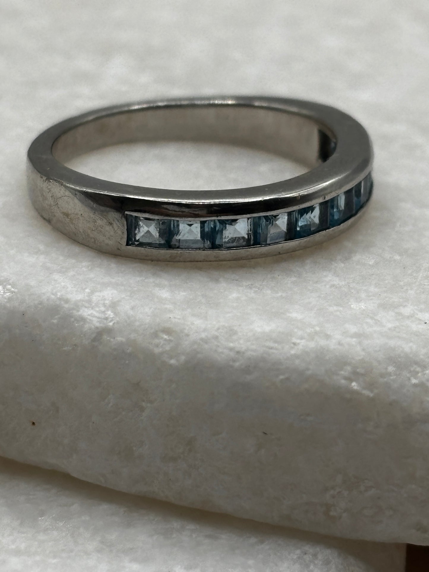 925 Sterling Silver Channel Set Blue Topaz Band Ring - Size O