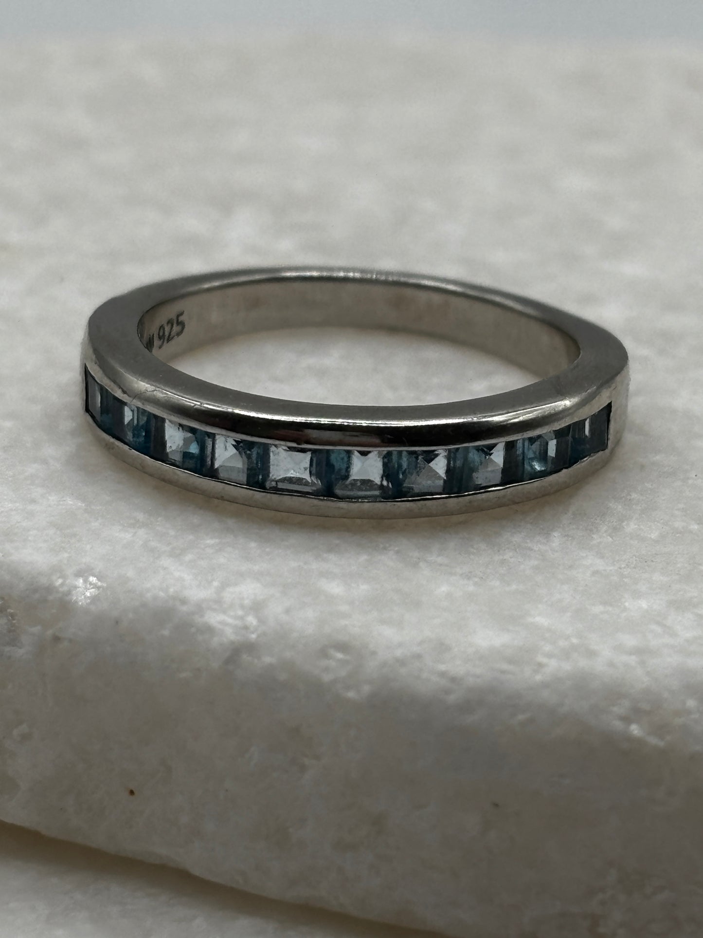 925 Sterling Silver Channel Set Blue Topaz Band Ring - Size O