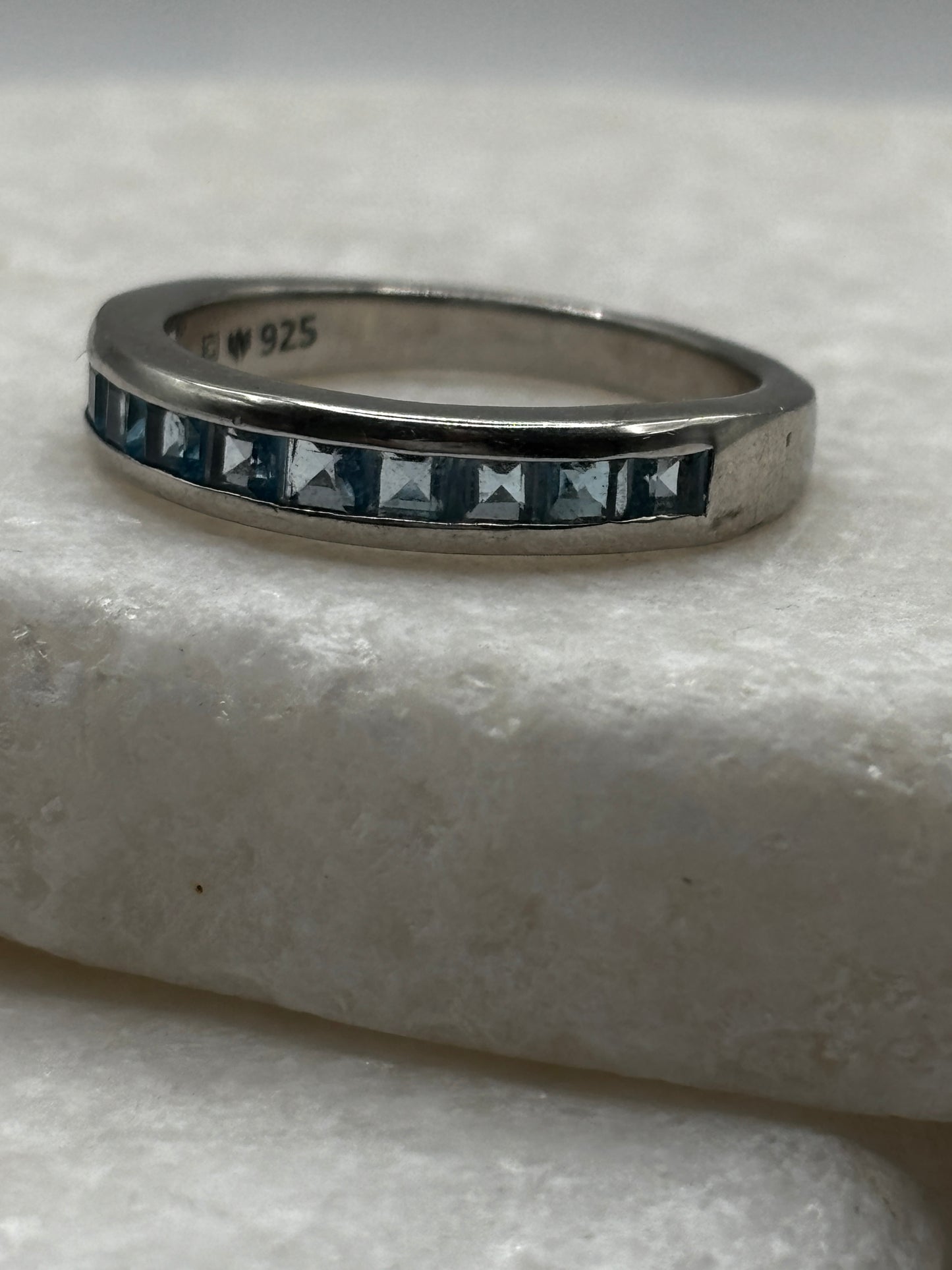 925 Sterling Silver Channel Set Blue Topaz Band Ring - Size O