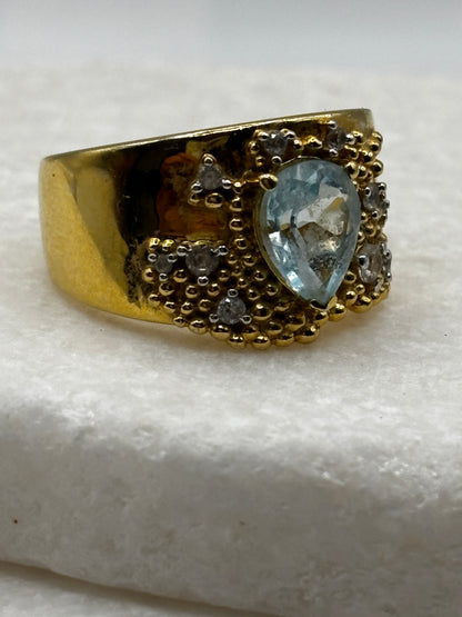 925 Sterling Silver Gilded Aquamarine Statement Band Ring - Size O