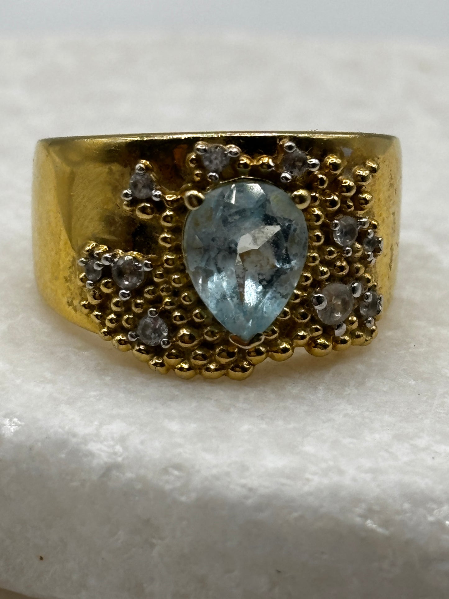 925 Sterling Silver Gilded Aquamarine Statement Band Ring - Size O
