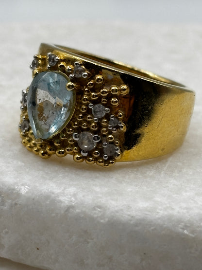 925 Sterling Silver Gilded Aquamarine Statement Band Ring - Size O