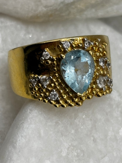 925 Sterling Silver Gilded Aquamarine Statement Band Ring - Size O