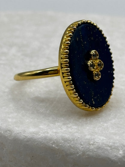 925 Sterling Silver Gilded Lapis Lazuli and White Topaz Statement Ring - Size O