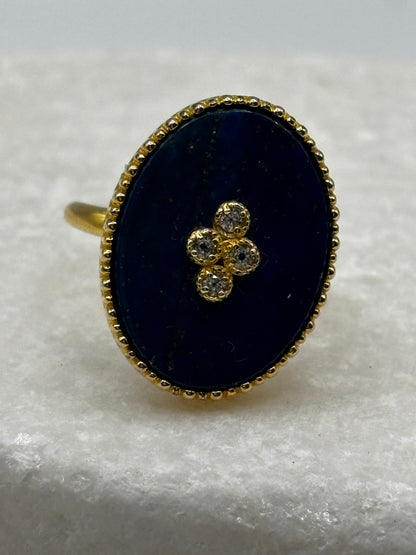 925 Sterling Silver Gilded Lapis Lazuli and White Topaz Statement Ring - Size O