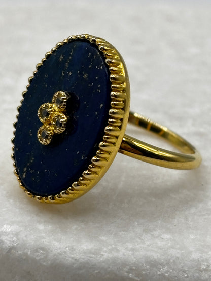 925 Sterling Silver Gilded Lapis Lazuli and White Topaz Statement Ring - Size O