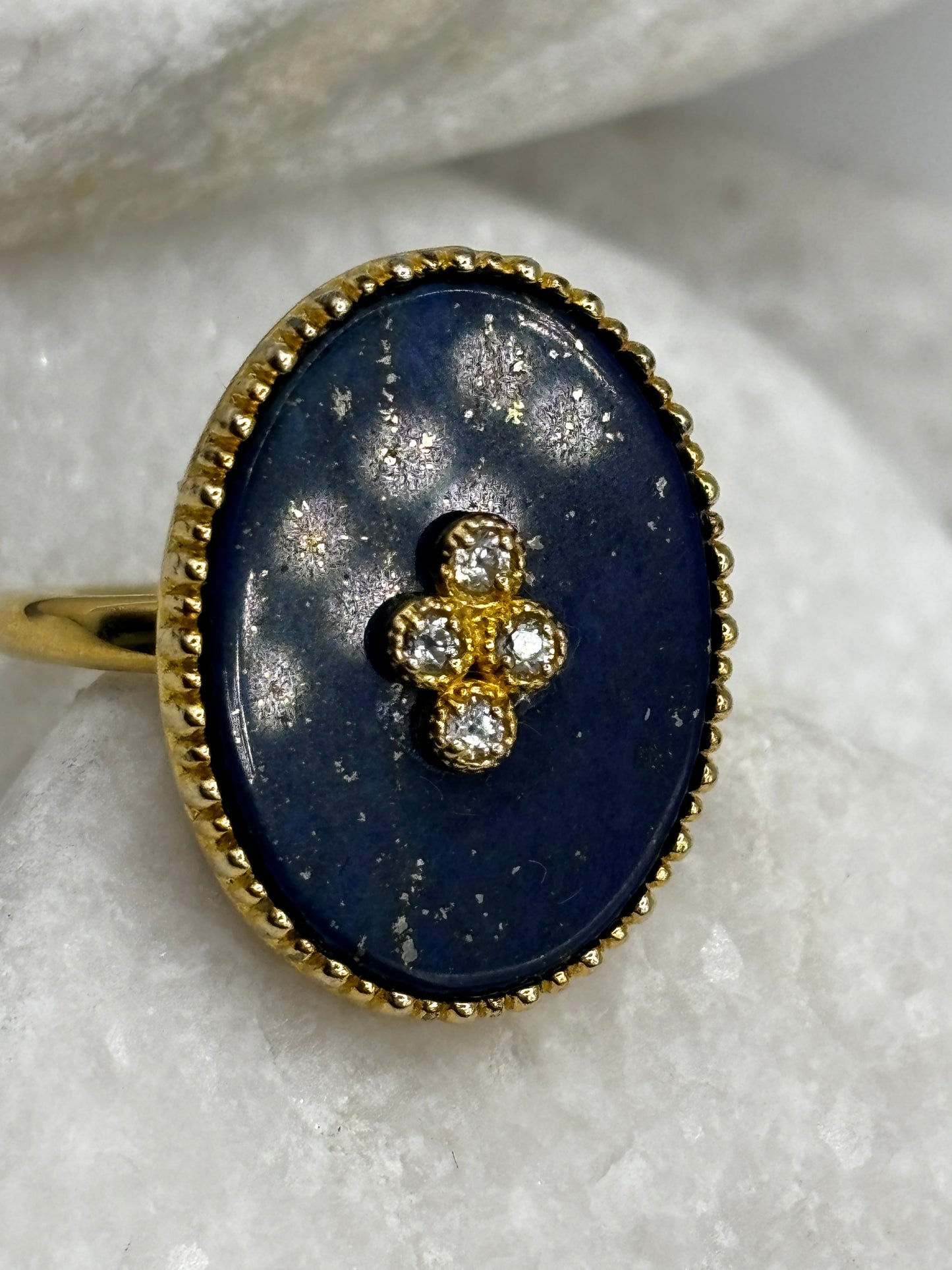 925 Sterling Silver Gilded Lapis Lazuli and White Topaz Statement Ring - Size O