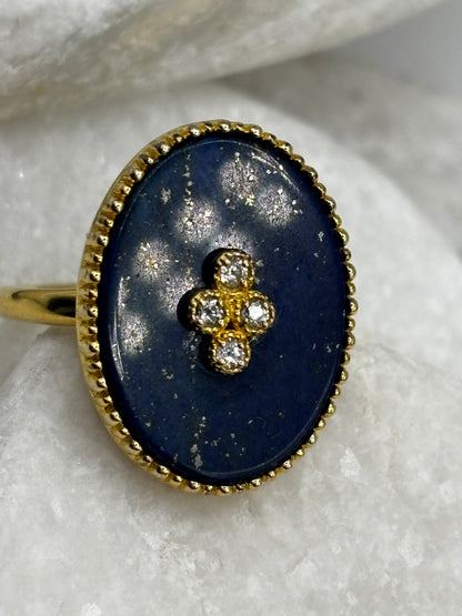 925 Sterling Silver Gilded Lapis Lazuli and White Topaz Statement Ring - Size O