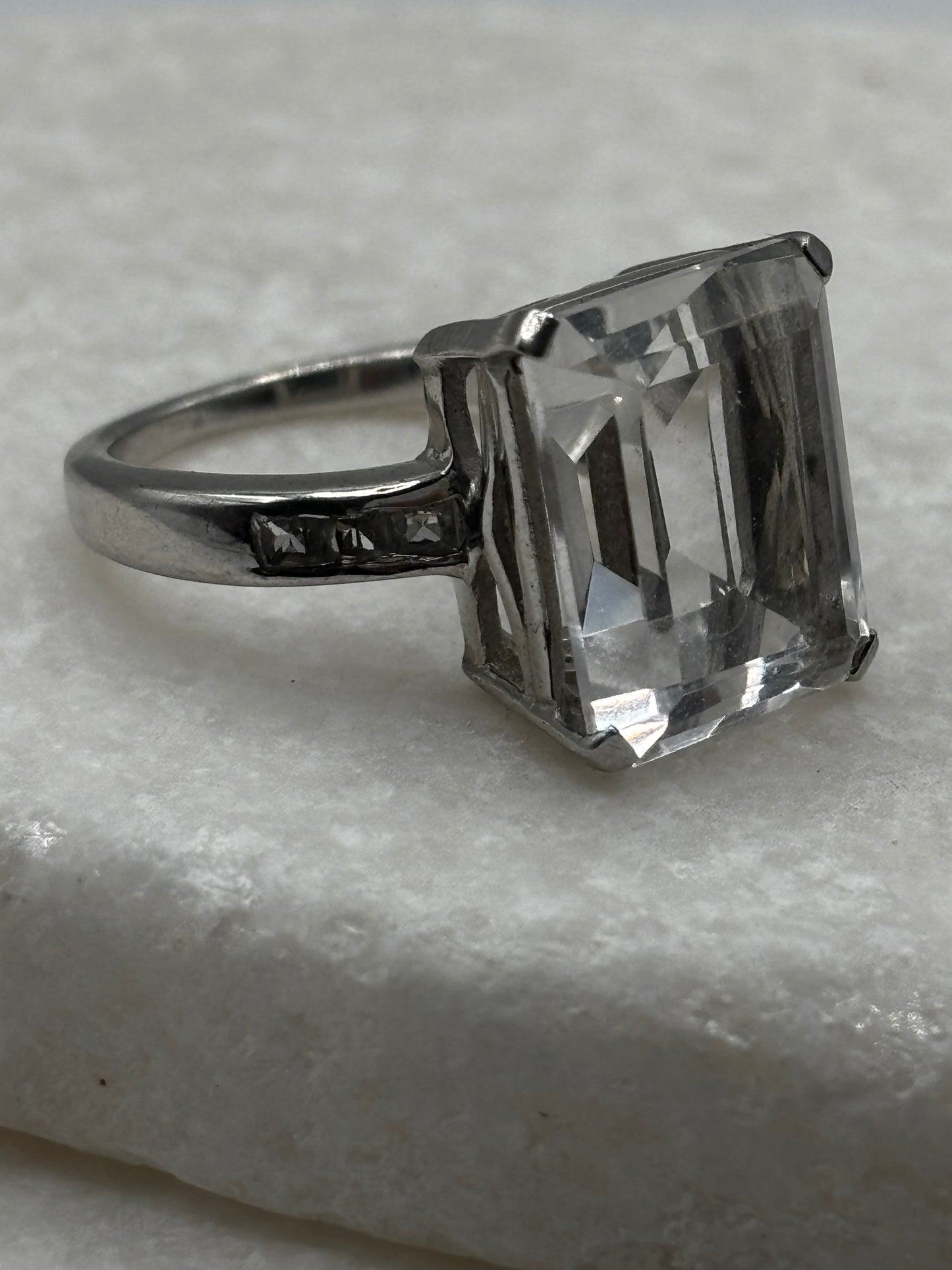 Vintage 925 Sterling Silver Large Emerald Cut Quartz Ring - Size O