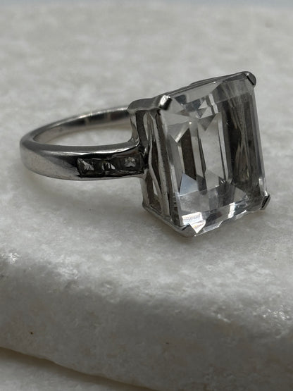 Vintage 925 Sterling Silver Large Emerald Cut Quartz Ring - Size O