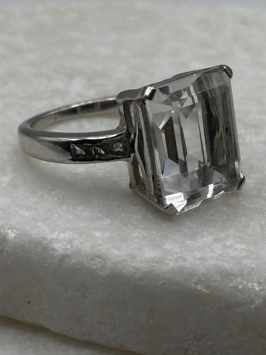 Vintage 925 Sterling Silver Large Emerald Cut Quartz Ring - Size O