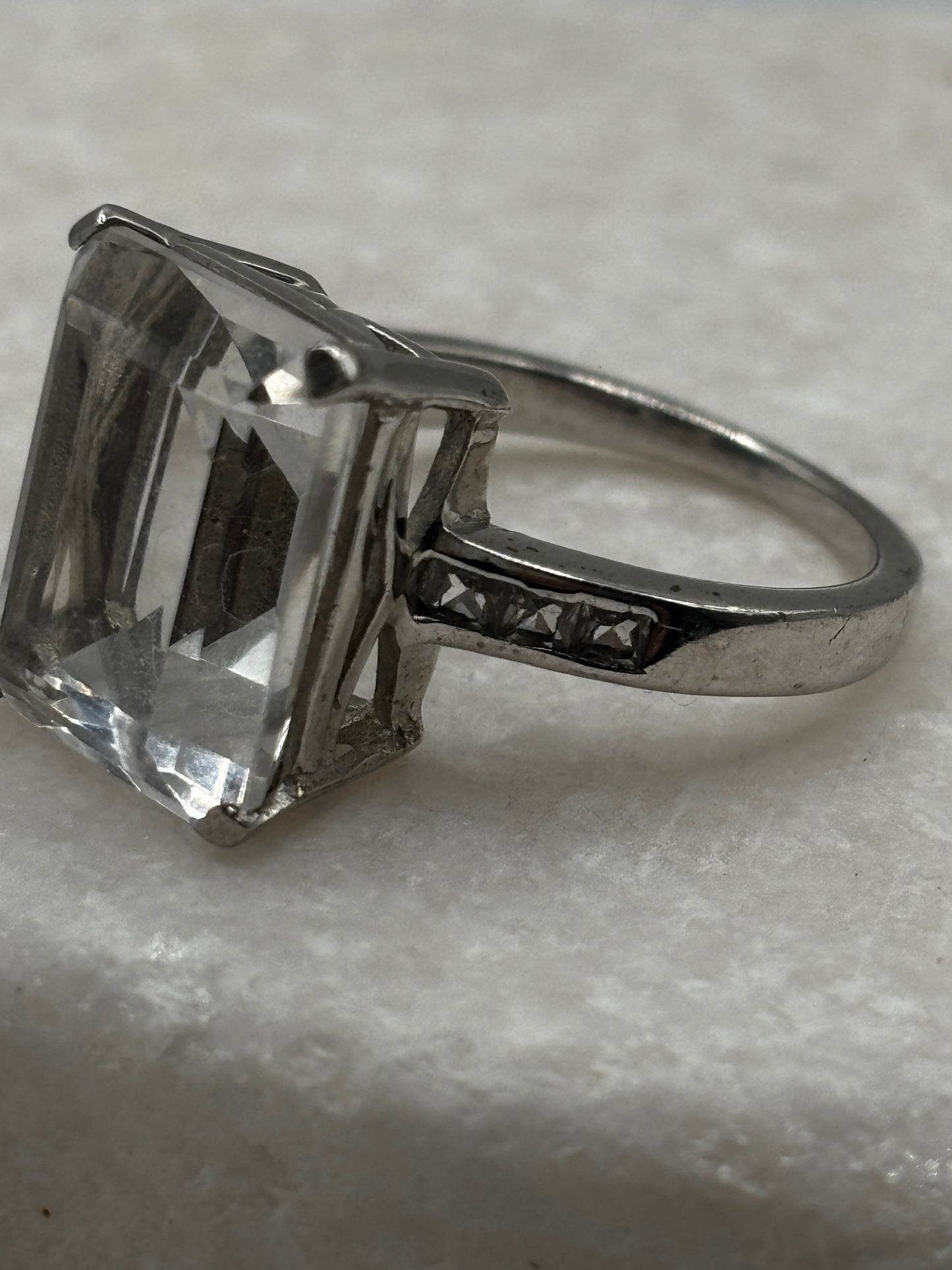 Vintage 925 Sterling Silver Large Emerald Cut Quartz Ring - Size O