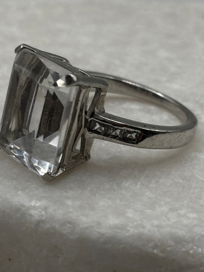 Vintage 925 Sterling Silver Large Emerald Cut Quartz Ring - Size O